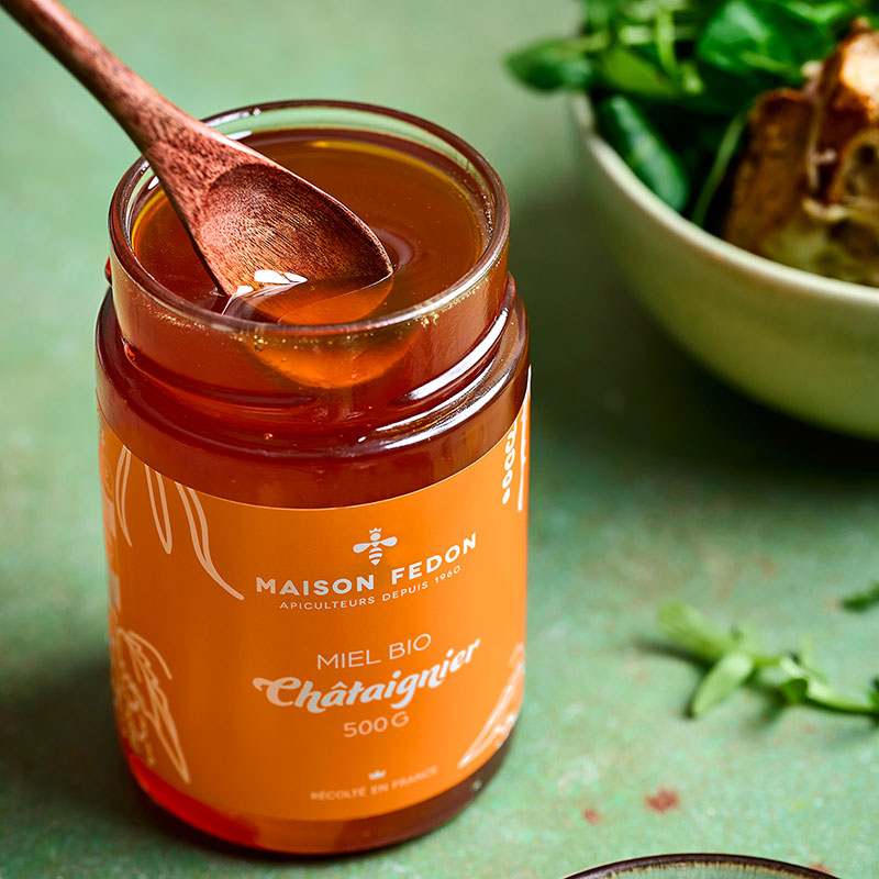 Pot de miel bio de châtaignier Maison Fedon.